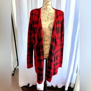 EUC Faded Glory Red & Black Plaid Buffalo Sweater Open Cardigan Long Large 12-14